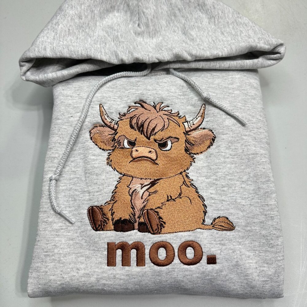 Highland Cow HOODIE Embroidered Adult Unisex Hooded Sweatshirt Grumpy Moo Farm
